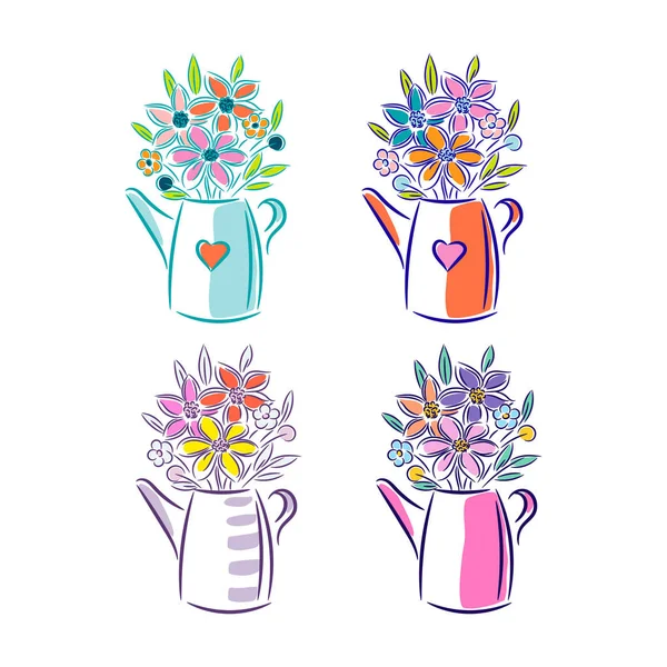 Boeket van bloemen in een gieter. Schattig Floral illustratie voor ansichtkaarten geïsoleerd op witte achtergrond. — Stockvector