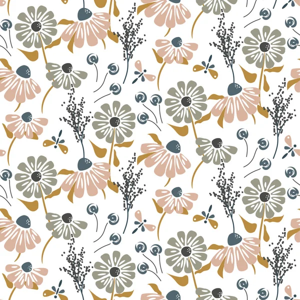 Rustic flowers vintage pastel colors seamless vector pattern.