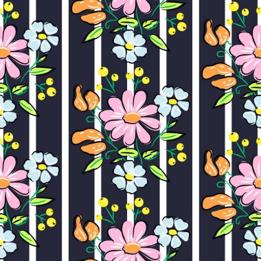 Çiçekler Vintage el çizilmiş kahverengi koyu renkler Dikişsiz vektör desen çizgili.