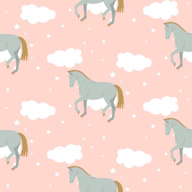 Vektör karikatür sevimli çocuk at deseni. Pastel kreş renkleri Dikişsiz duvar kağıdı arka plan baskı.