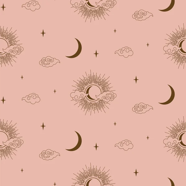 Sol, nuvens e lua decorativo boho estilo elemento design vector. Papel de parede padrão sem costura . — Vetor de Stock