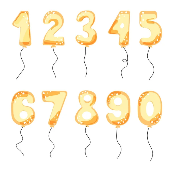 Numéros de ballon de dessin animé or pour les cartes de fête d'anniversaire. Événement célébration invitation carte vecteur ensemble . — Image vectorielle