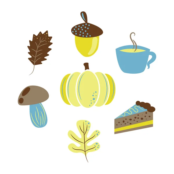 Herbsternte Objekte Kürbis, Eicheln, Kuchen, Pilze und Blätter. Herbst Clip Art. — Stockvektor