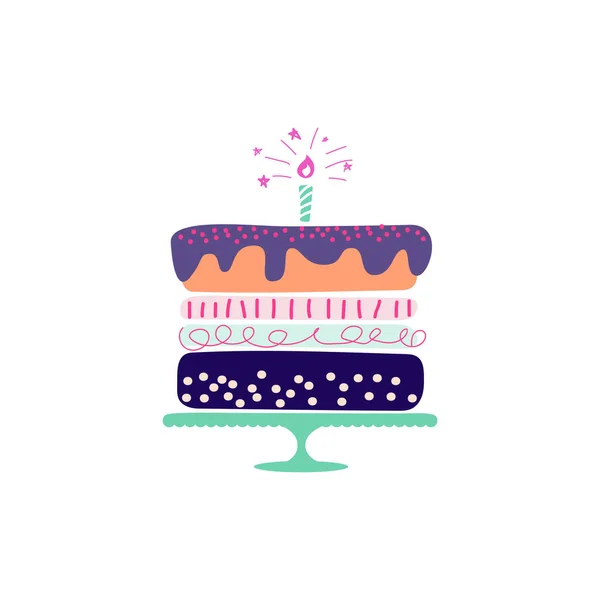 Illustration vectorielle gâteau vacances. Style dessiné à la main coloré anniversaire gâteau clipart . — Image vectorielle