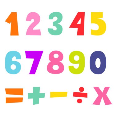Çizgi film düz çocuk rakamları. Çocuk oyunu için matematik işaretleri vektörü.