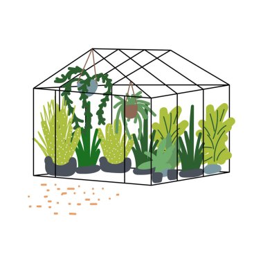 Çiçekli sera vektör illüstrasyon el çizim biçimi.