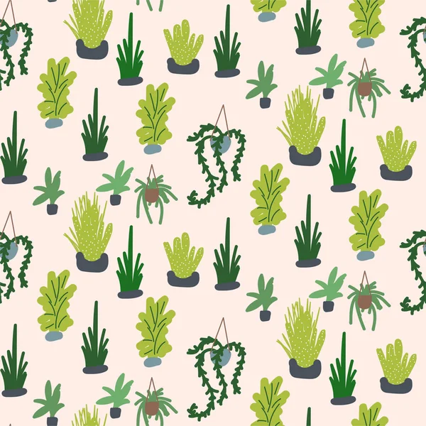 Houseplants vetor ilustração padrão sem costura. Suculentas e verduras plantas desenhadas à mão . —  Vetores de Stock