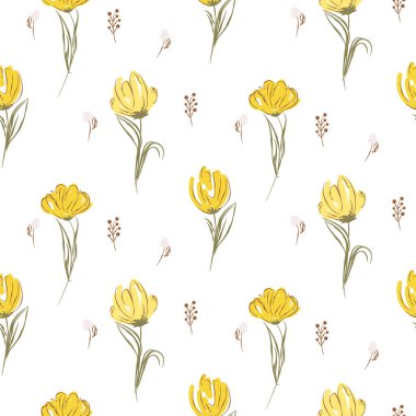 Beyaz, pürüzsüz arka planda el çizimi sarı büyük laleler.