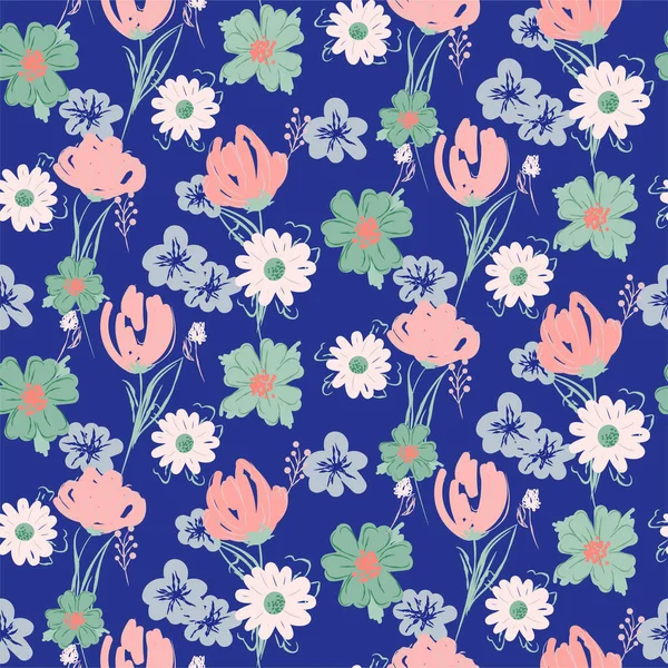 Floral motif bleu sans couture avec des fleurs sauvages et des plantes de prairie. — Image vectorielle