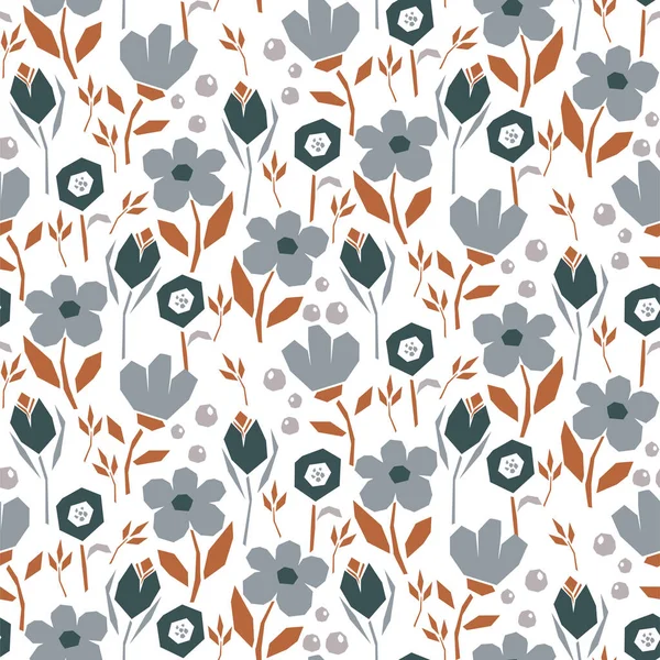 Patrón sin costuras abstracto audaz con flores y hojas sobre un fondo blanco. Impresión de diseño de corte de papel floral neutro azul. — Archivo Imágenes Vectoriales