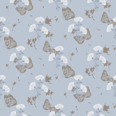 Çiçeksiz mavi desenli kelebekler. Süslü yapraklı dallar. Flurish doğa yaz bahçesi dokulu arka plan.
