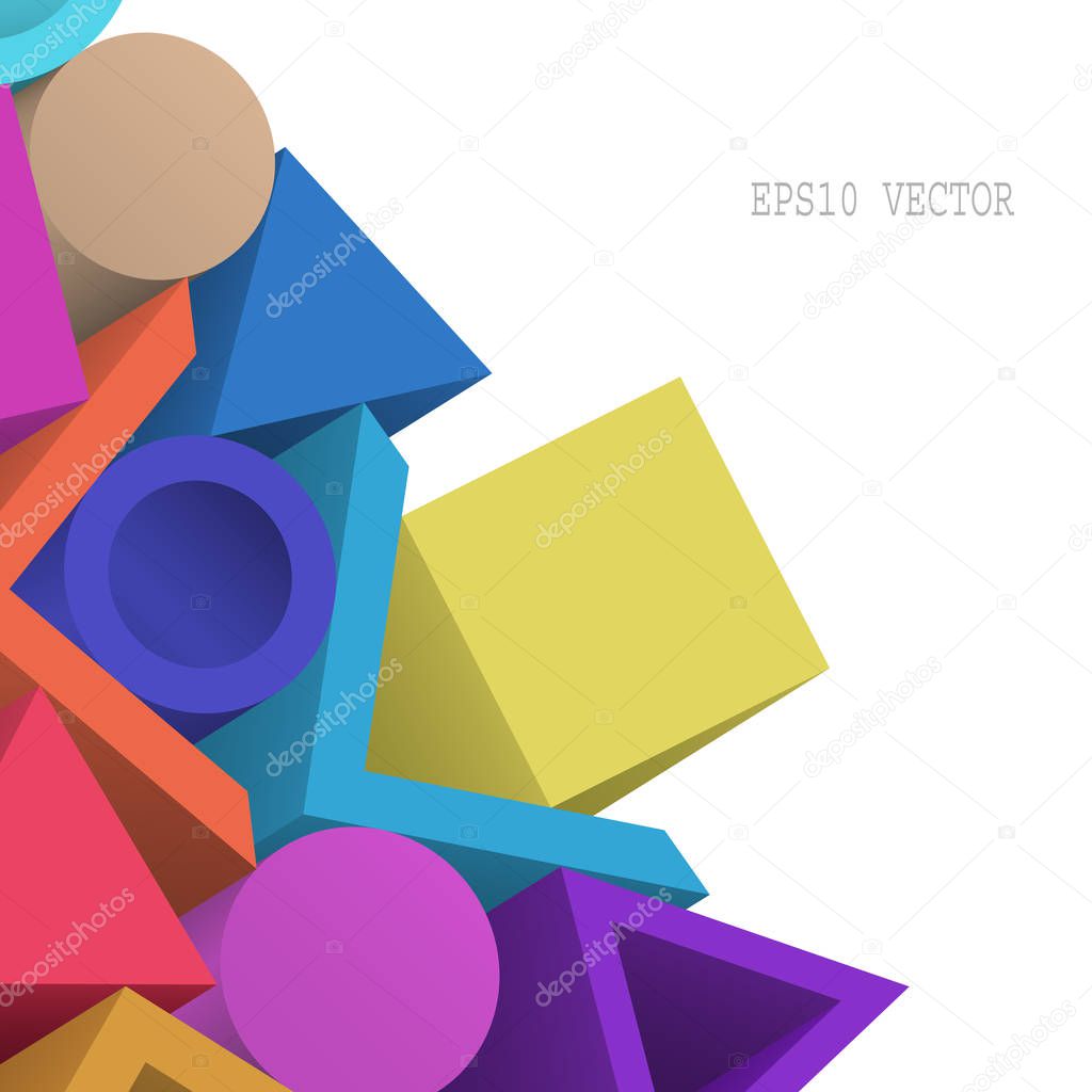 Abstract Colorful Geometric 3d Objects on White Background. Modern Cover Design. EPS 10 Vector.