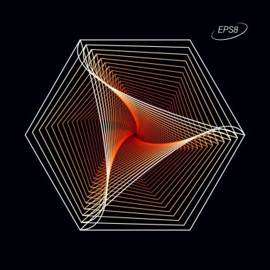 Siyah arka plan üzerinde kırmızı tonları soyut renkli altıgen grafik elemanı. Modern op sanat Illustration. Eps8 vektör.
