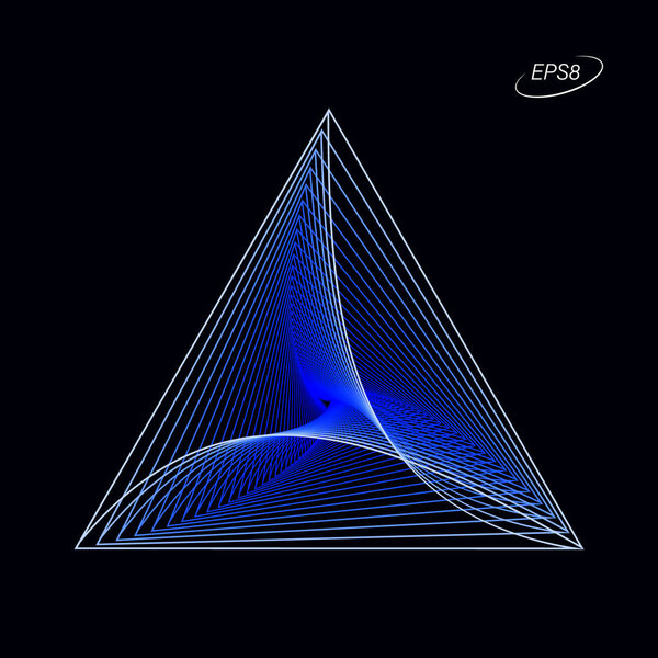 Abstract Colorful Triangular Graphic Element in Blue Tones on Black Background. Modern Op Art Illustration. EPS8 Vector.