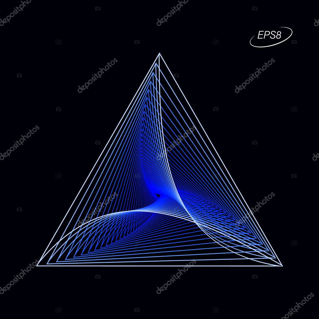 Abstract Colorful Triangular Graphic Element in Blue Tones on Black Background. Modern Op Art Illustration. EPS8 Vector.