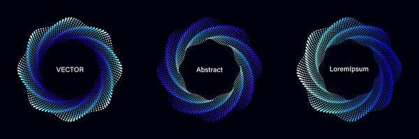 Mavi Tonlarda Spiral Noktalı Grafik Öğeleri Kümesi. Siyah Arka Plan Üzerine Geometrik Vektör Çerçeveleri.