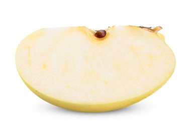 Sarı elma dilimi beyaz, elma kesme yolunda izole edilmiş.