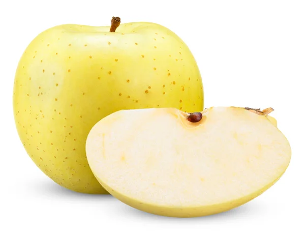 Žluté Jablko Plátek Izolované Bílém Jablečná Stopa — Stock fotografie