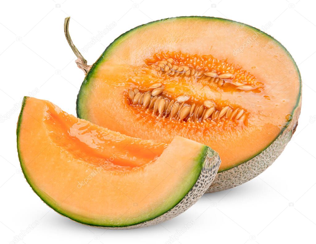 Slice and half melon isolated on white, melon clipping path