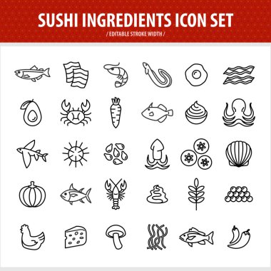 Suşi satır Icons set. Suşi ve sashimi bileşenleri