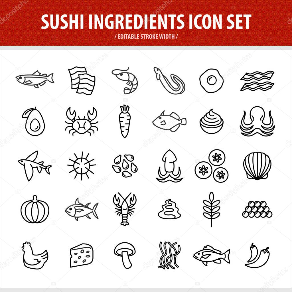 Sushi line icons set. Sushi and sashimi ingredients 30 outline symbols. Japanese sea food elements. Adjustable line width.