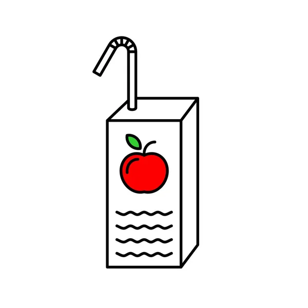 Caixa de suco com símbolo de linha de maçã e palha vermelha . — Vetor de Stock