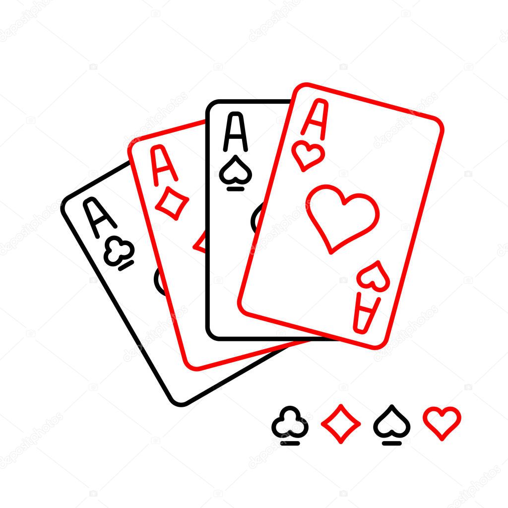 Four aces playing cards line style illustration. Winner hand poker game combination. Thin outline minimalistic suits icons set. Adjustable stroke outline width.