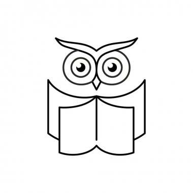 Açık kitaplı akıllı baykuş. Eğitim logosu. Okuma kulübü sembolü.