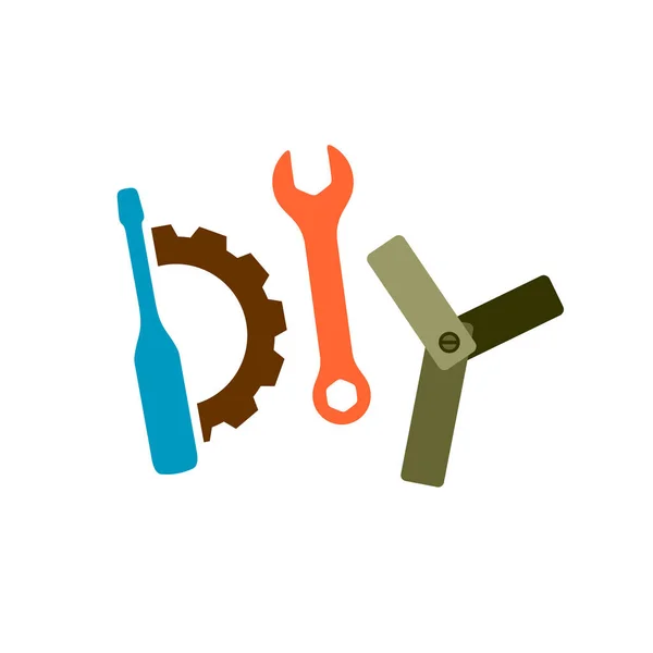 Diy Logo mit Werkzeugen. Schraubenschlüssel, Schraubendreher, Getriebe und Gelenkkonstruktion als Buchstaben d, i und y. — Stockvektor