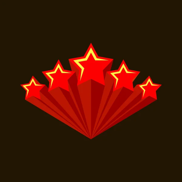 Cinque stelle che rastrellano. Scoppio di cinque stelle rosse con percorsi di volo dritti. Zoom in avanti. Logo fuochi d'artificio . — Vettoriale Stock