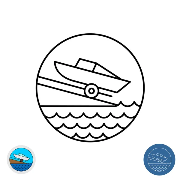 Icono del esquema de la rampa del barco. Señal redonda de deslizamiento del barco. Lanzamiento Marina . — Vector de stock