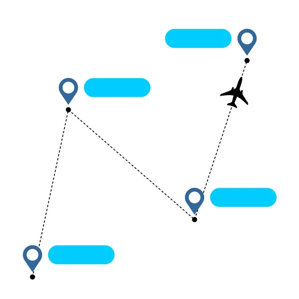 Ruta de la línea del avión con segmentos rectos con mapa de pines de transferencia . — Archivo Imágenes Vectoriales