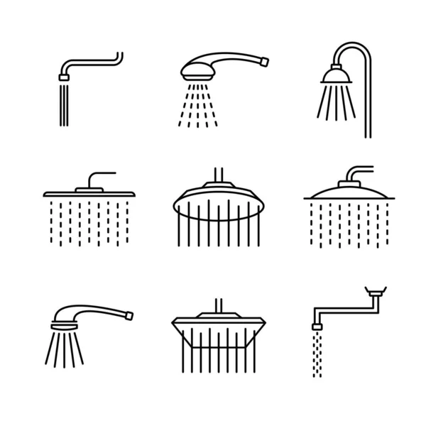 Shower head type icons set. Outline style different showers. — Stock Vector