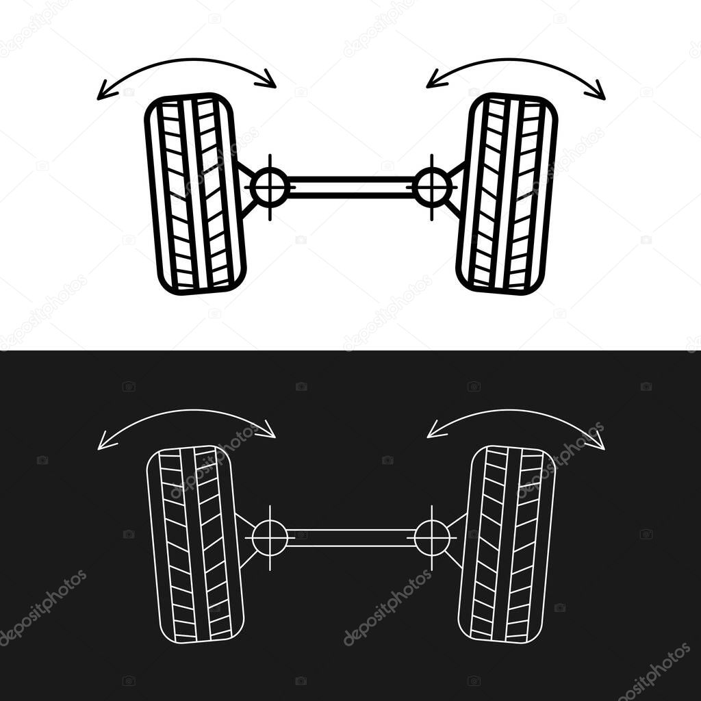 Wheel alignment line icon. Car suspension angles adjustment. Axle control symbol. Adjustable stroke width.
