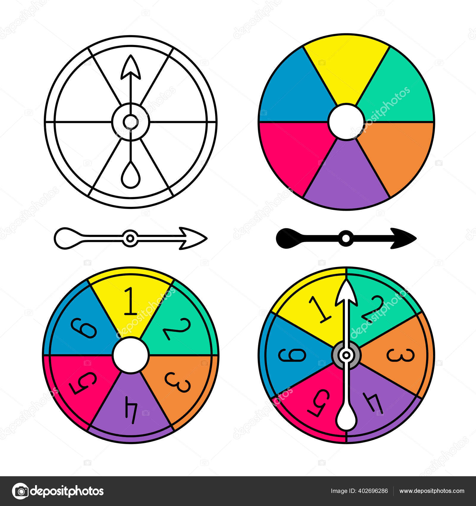 Jogo de tabuleiro girador de cor com os números definidos. Setas de estilo  diferente e corpo redondo separado. Círculo de setores de cor. Largura do  curso ajustável. imagem vetorial de Kilroy© 402696286