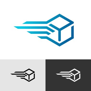 Hızlı teslimat hız kutusu logosu. 3D küp biçimlendirilmiş sembol taşınıyor.