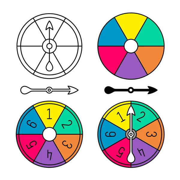 Brettspiel Farbe Spinner mit Zahlen gesetzt. Unterschiedliche Stilpfeile und runder Körper trennen sich. Farbsektoren kreisen. Einstellbare Hubbreite. — Stockvektor