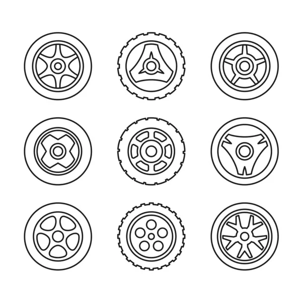 Toy car wheels set. Outline style vehicle disks with tyres. Adjustable stroke width. Stock Illustration