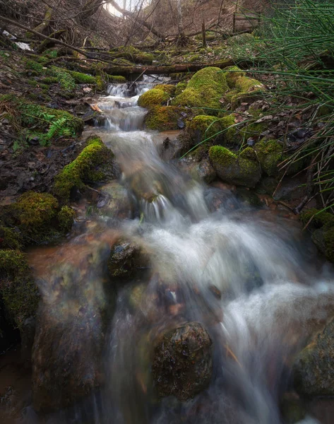 Spring stream stroomt over rotsen begroeid met mos — Stockfoto