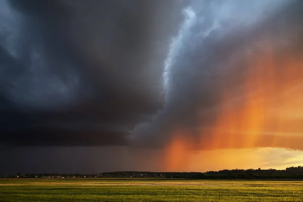 Dramatischer Sonnenuntergang Und Regen Einem Sommerfeld lizenzfreie Stockbilder