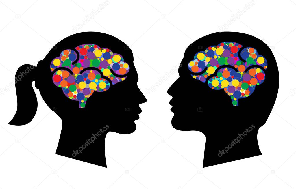 Man and woman head with abstract brains