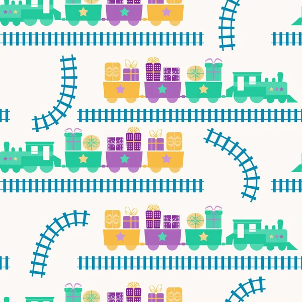 Seamless pattern with train and gift boxes — Stock Vector