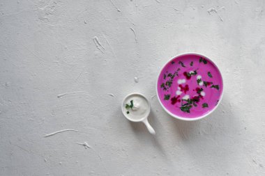 Pancar çorbası. Bahar Detoks pancar çorbası. Sağlıklı beslenme veya vejetaryen yemek kavramı. Kuş bakışı. Kopya alanı.