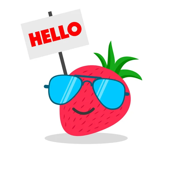 Φράουλα πρόσωπο κινούμενων σχεδίων με συγκίνηση γυαλιά ηλίου — Διανυσματικό Αρχείο