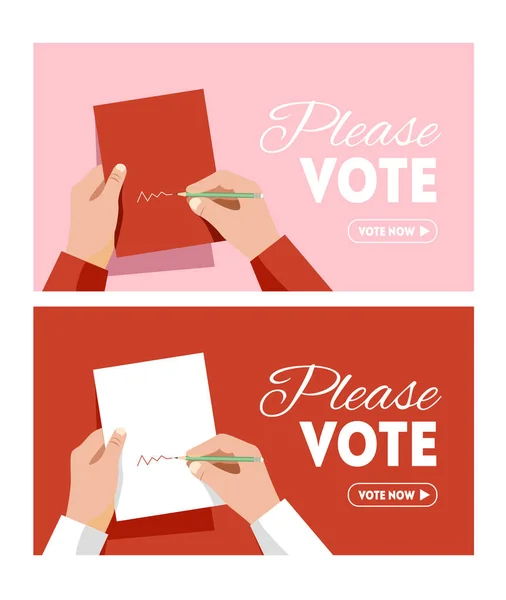 Rösta på ett ark händer med penna — Stock vektor