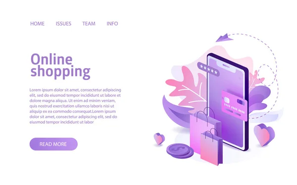 Isometrische online shopping concept business marketing lay-out — Stockvector