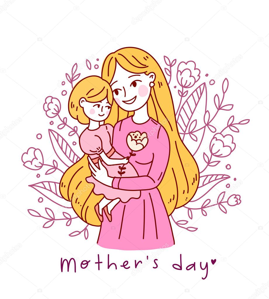 Doodle kawaii style. Cute woman vector illustrations. Happy Mother s Day. Girl with flowers Mother and daughter. Use for greeting card, poster, banner, and other design.