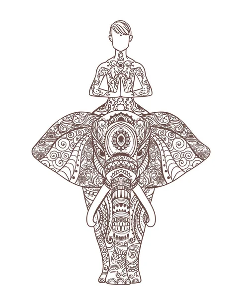 Чоловік в йозі позує на слона. Декоративна листівка. Векторні ілюстрації . — стоковий вектор