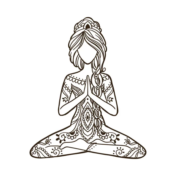 Yoga Girl. Quédate en casa y haz yoga concept.Ilustración vectorial ornamental . — Archivo Imágenes Vectoriales