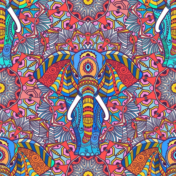 Boho olifantenpatroon. Vector illustratie. Bloemen ontwerp, met de hand getekend kaart met olifant sier — Stockvector